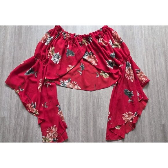 Live 4 Truth Red Floral Off Shoulder Peasant Blouse Bell Sleeve Boho Top L - Picture 10 of 10